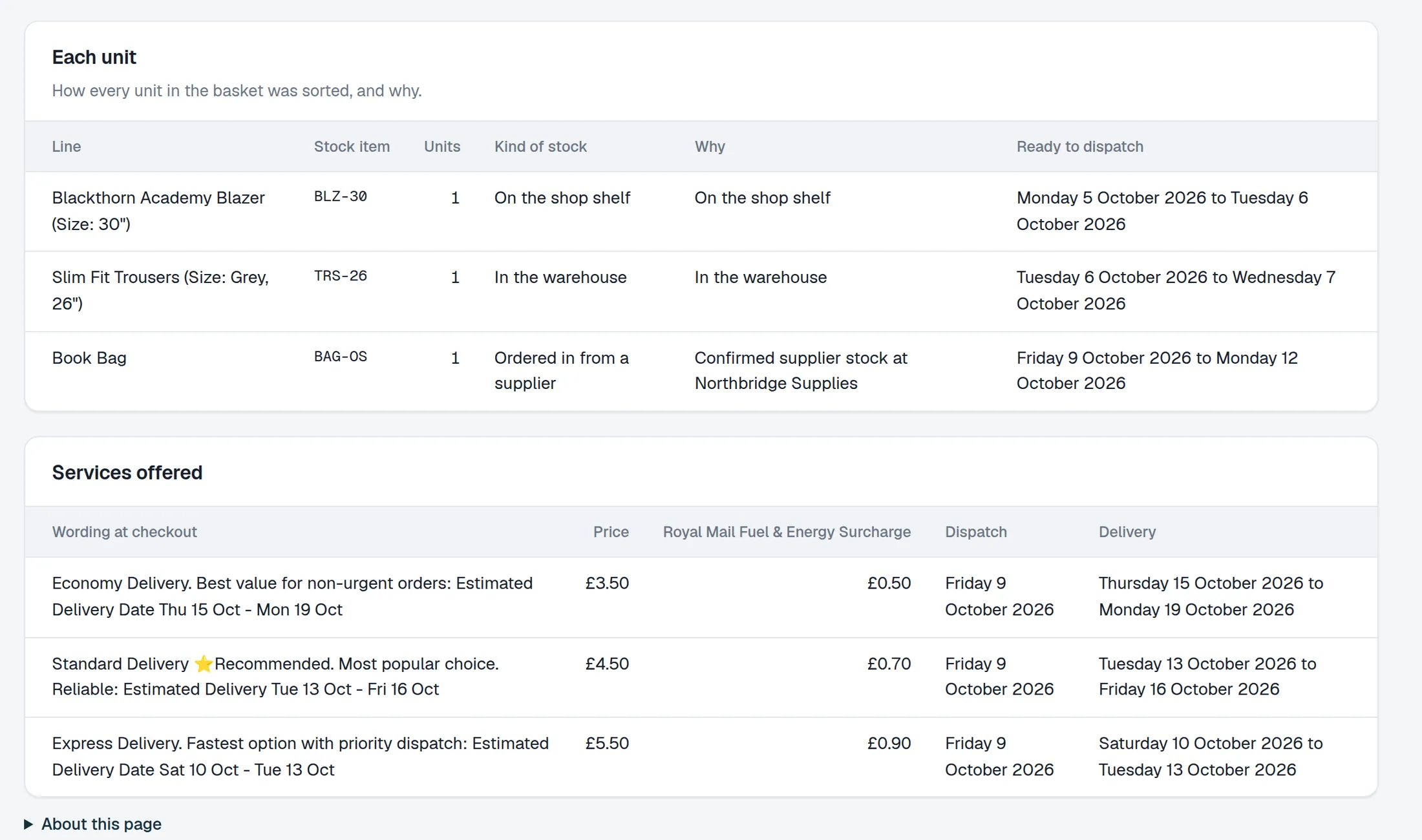 A delivery preview on demonstration data with the dispatch date for each item and the services offered