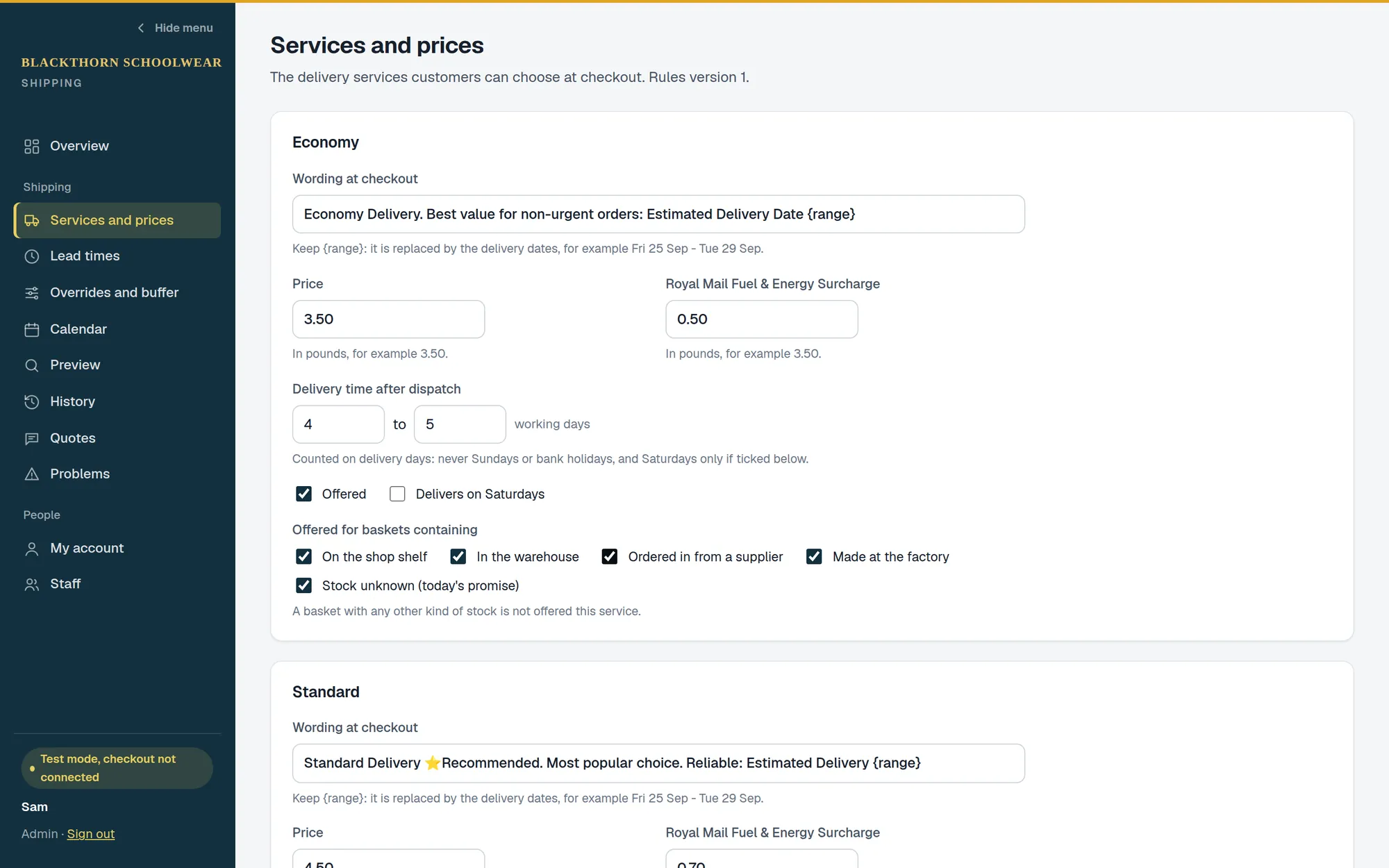 The services and prices screen, with the checkout wording, price and delivery time for each service