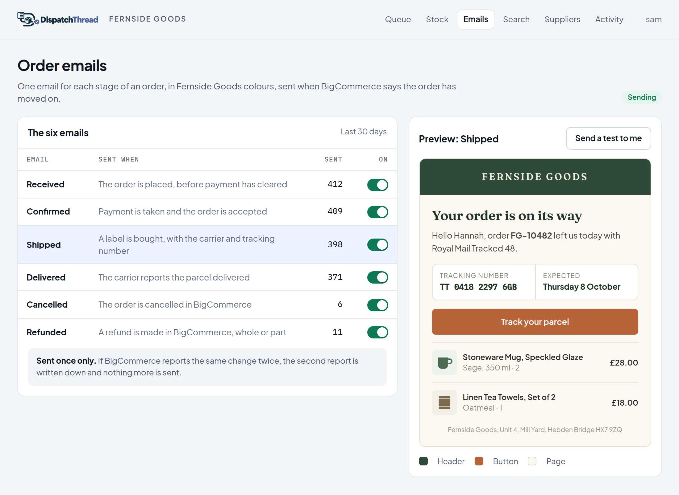 The order emails screen on a demonstration shop, with the six emails and a preview of the shipped email