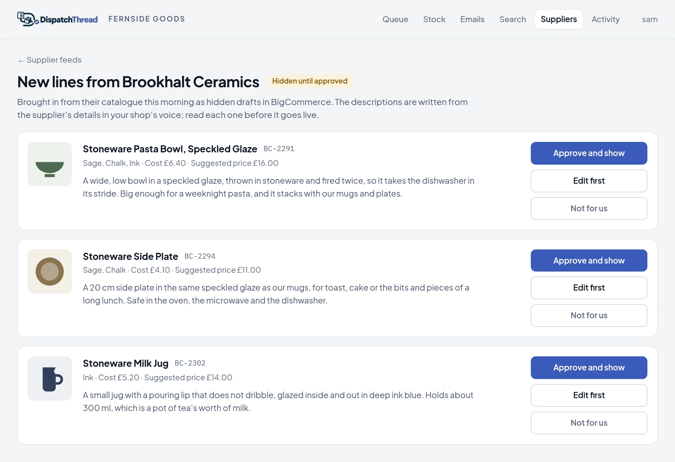 New lines from an invented supplier waiting as hidden drafts, each with a description to approve