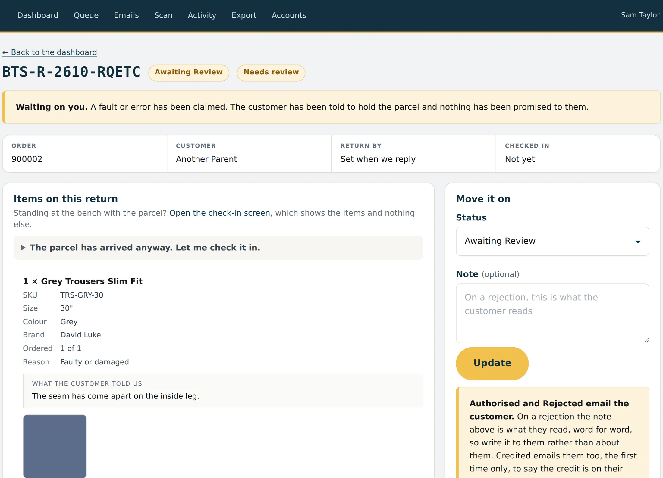 The staff screen for a fault claim on demonstration data