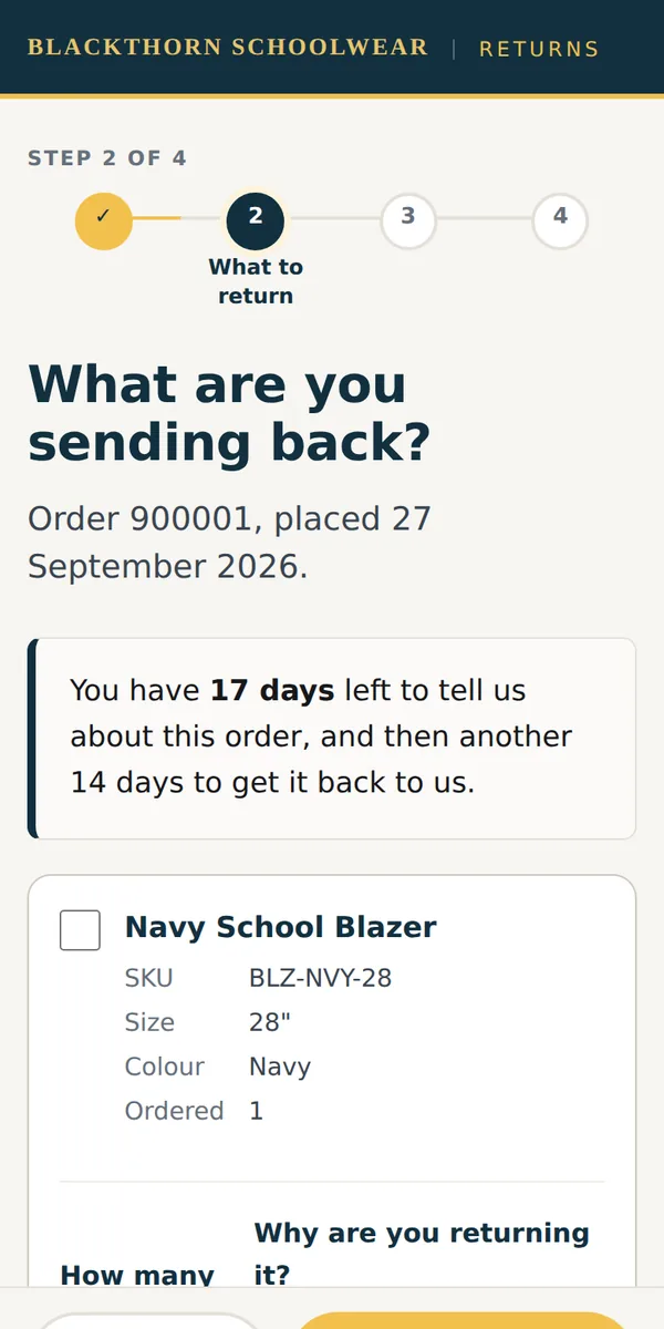 The returns portal on a phone, asking which items are coming back
