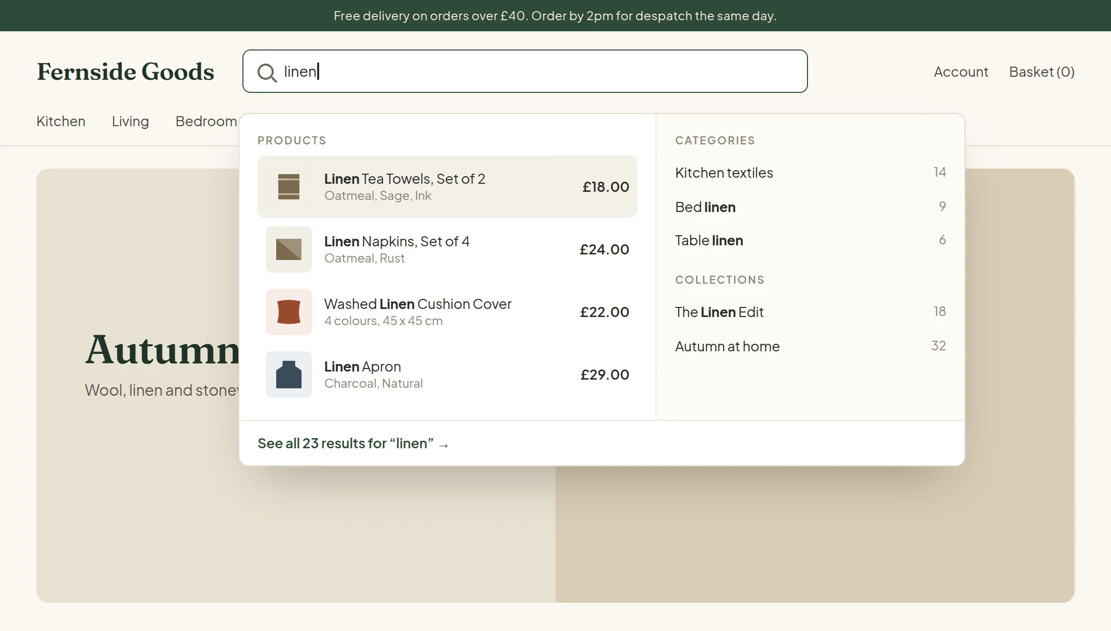 A demonstration shop with linen typed into the search box and results grouped into products, categories and collections