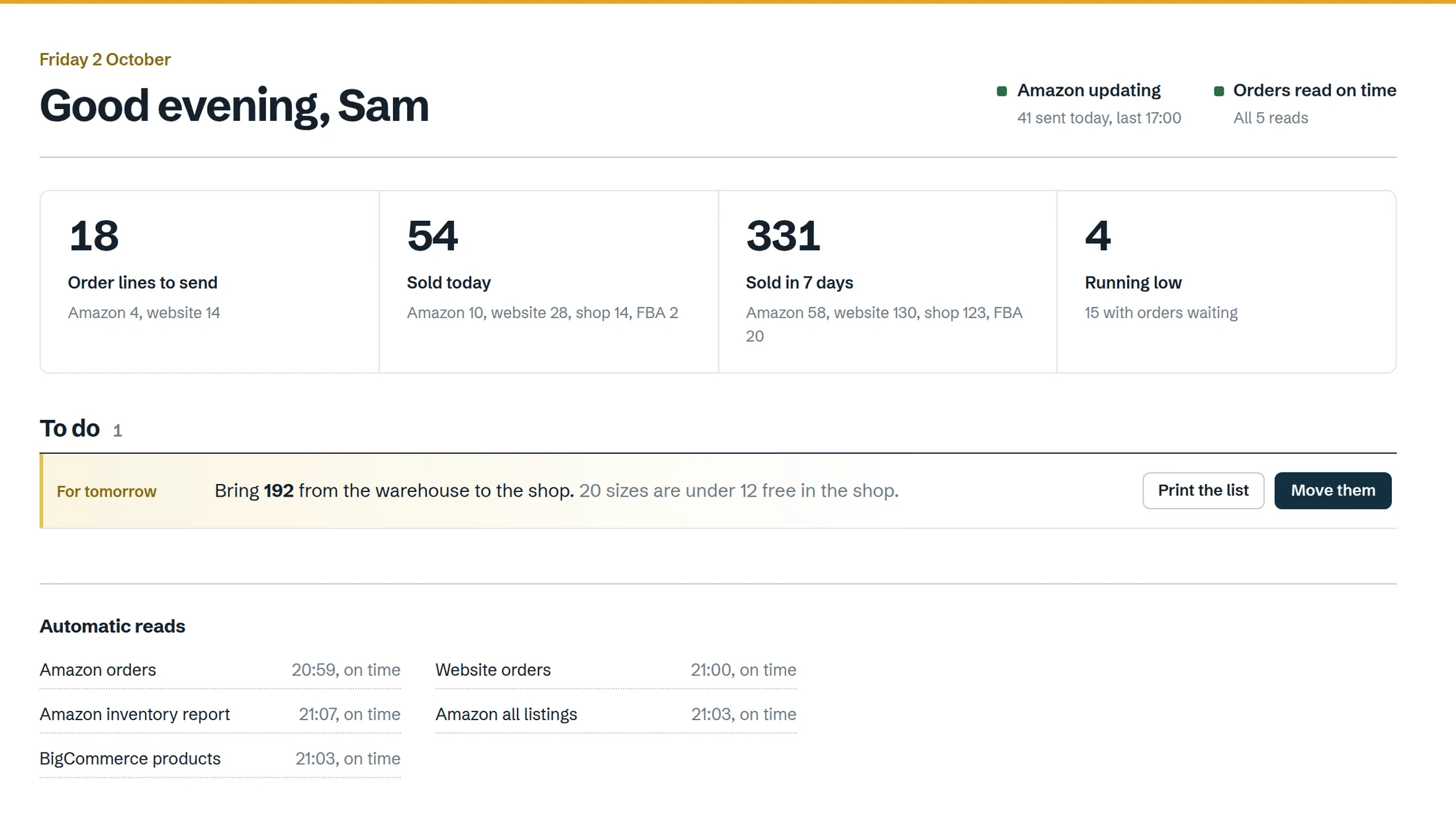 The stock control dashboard on demonstration data