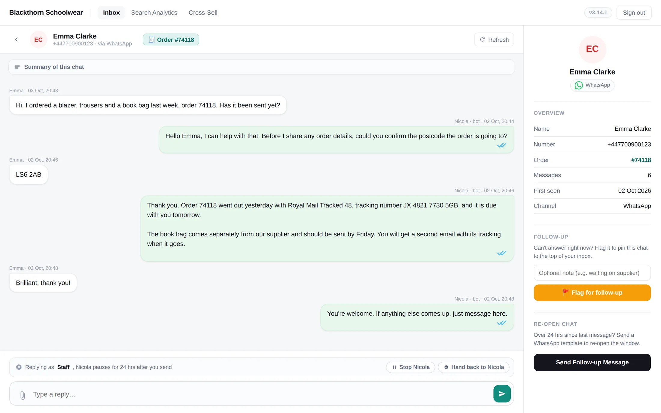 A WhatsApp conversation on demonstration data in the support inbox