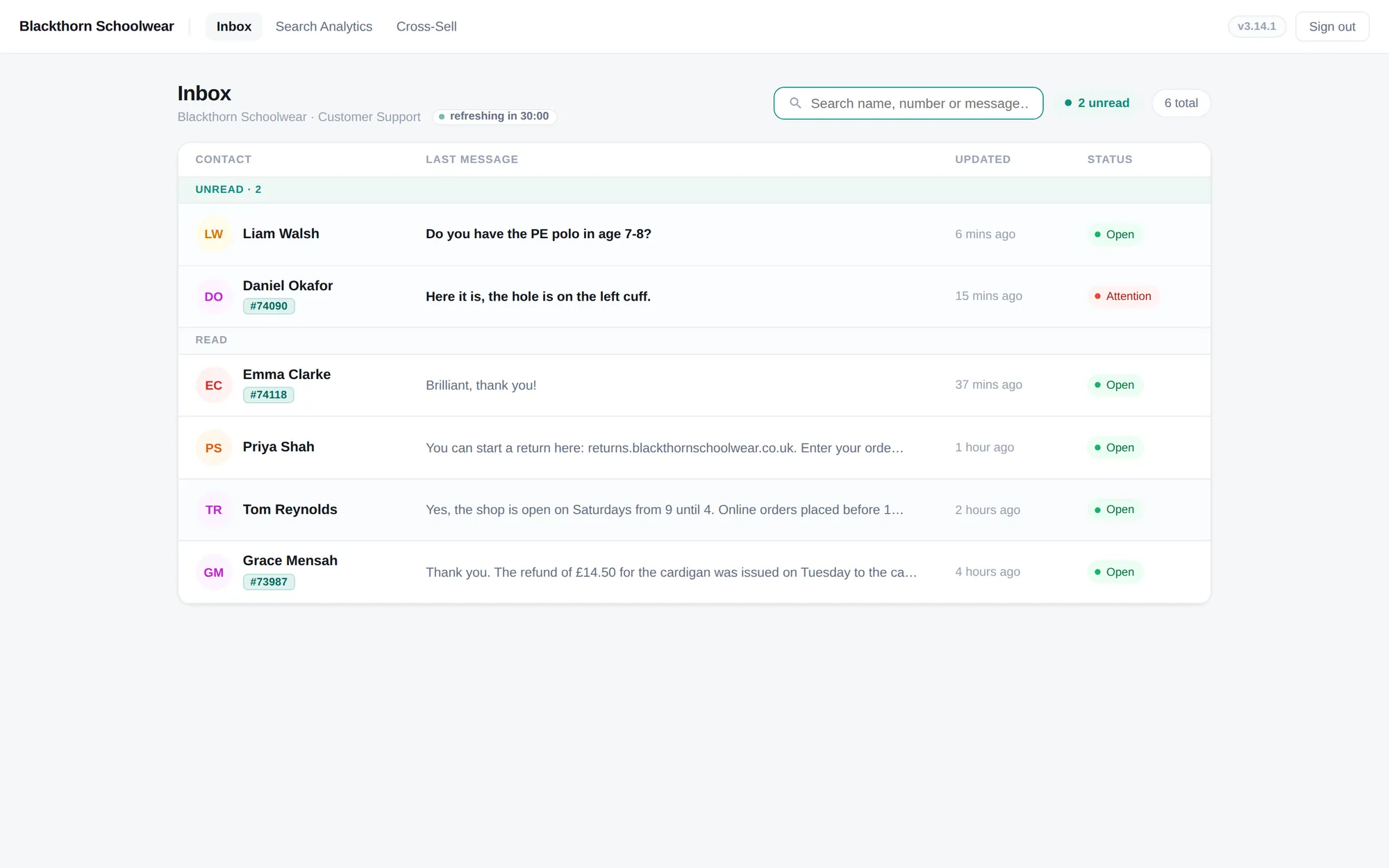 The support inbox on demonstration data, with unread and urgent chats first