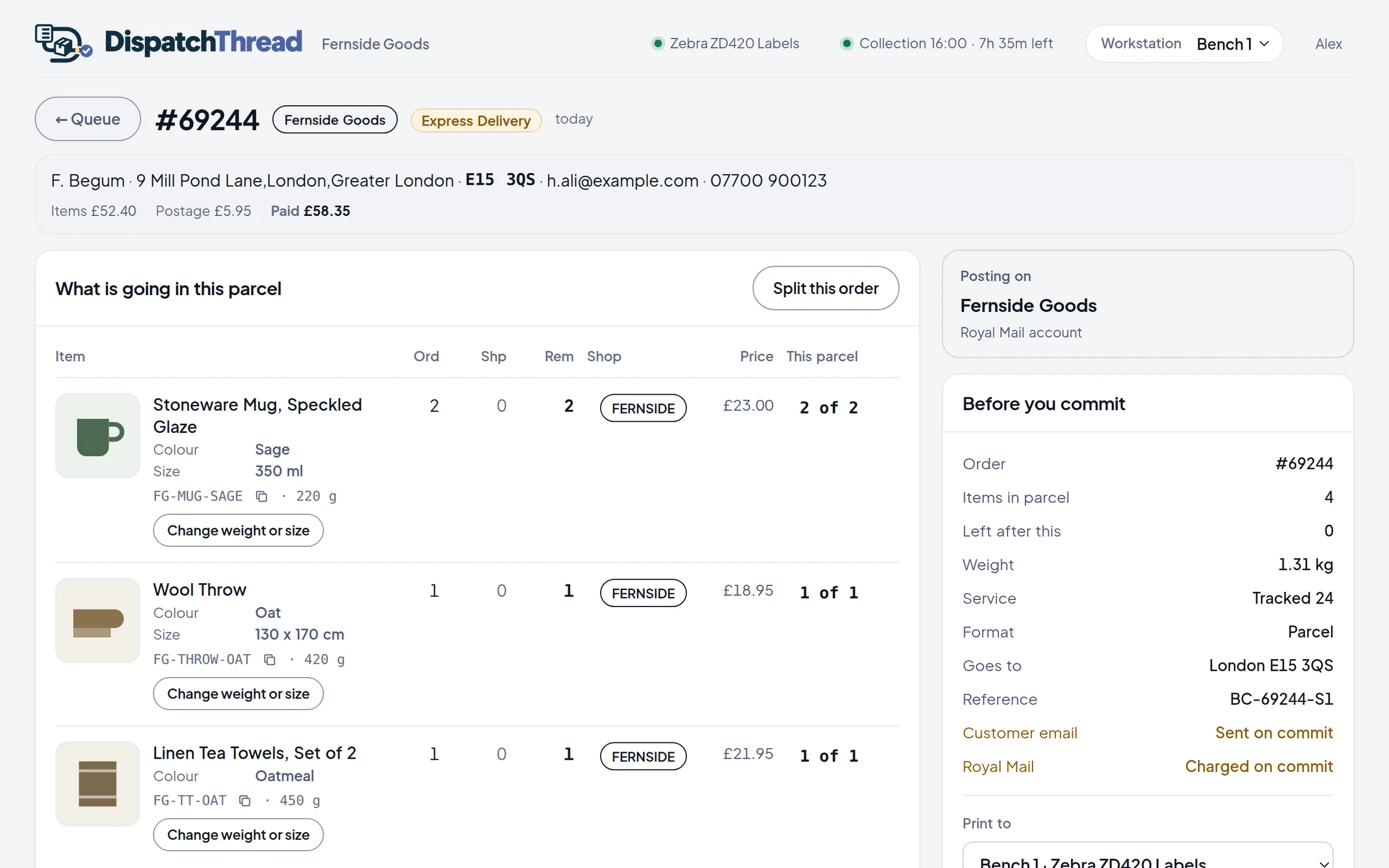 The DispatchThread pack screen showing an order's lines, the Royal Mail service and the commit panel