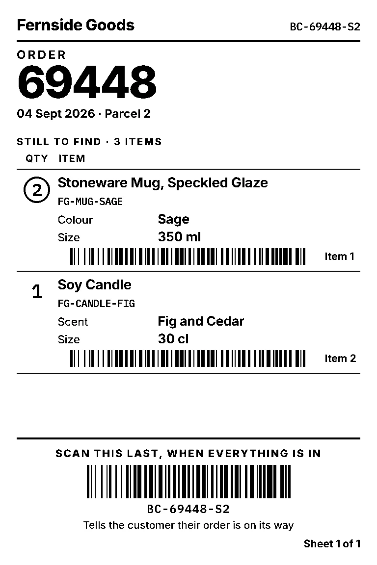 A picking sheet for a parcel waiting to be checked: a large order number, each item with its own barcode, and a barcode at the foot to scan last