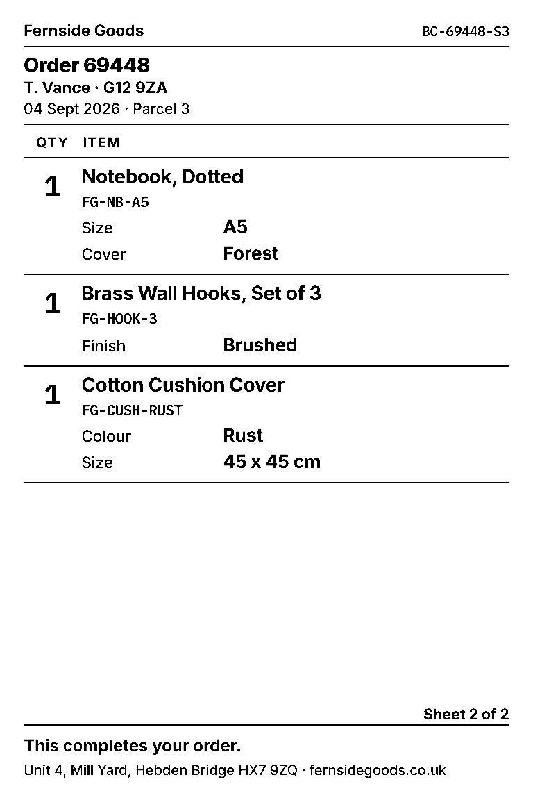The second sheet of a seven item packing slip, with a smaller header and Sheet 2 of 2 at the foot