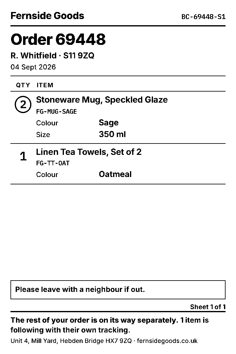 A packing slip for a part shipped order, showing two of the three items and a note that the rest is following
